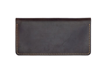 Big brown leather wallet on a button on a white background. Top view