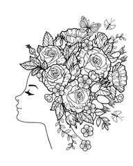 Coloring book for adults. Silhouette of head woman with a flowers instead hairstyle braided in the hair of roses flowers