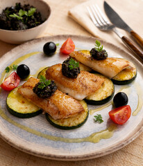 Baked mackerel fillets on zucchini and black olive tapenade.