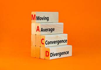 MACD symbol. Concept words MACD moving average convergence divergence on wooden block on beautiful orange background. Business MACD moving average convergence divergence concept. Copy space.