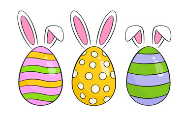 Colorful Easter eggs with bunny ears. Cartoon. Vector illustration. Isolated on white background
