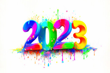 2023 Happy New Year celebration banner with colorful 3D numbers made of paint splashes on white. Generative AI