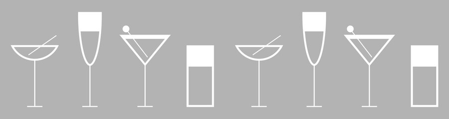 Cocktails collection, alcoholic and non-alcoholic summer drinks with ice cubes of lemon, lime, and mint. Whiskey with ice, tequila, vodka, sambuca, mojito. Vector illustration of summer cocktails.