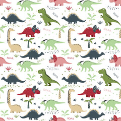 Vector childish seamless pattern with dinosaurs, palm trees, footprints, stones on a white background. Ideal for baby clothes, textiles, wallpaper, wrapping paper.