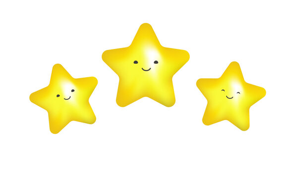 Cute 3d stars vector. Yellow star kawaii character illustration style. Customer product rating.