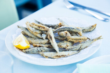 Fried anchovies from Malaga. Traditional Spanish tapa recipe.