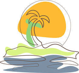 Fototapeta na wymiar Outline filled tropical island with palm tree and sun single line