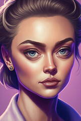 Portrait of beautiful girl with brown hair and blue eyes closeup. Digital illustration.