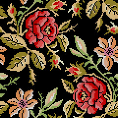 Cross Stitch Roses Seamless Pattern - 558434391