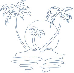 Outline tropical island with palms and sun single line
