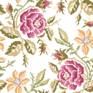 Cross Stitch Roses Seamless Pattern