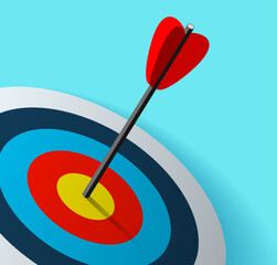 Target icon in 3d flat style on color background. Arrow in the center aim. Vector design element for you business projects