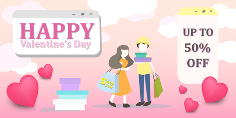 Horizontal pink background, Happy Valentine's day banner with  paper love couple, vector text, hearts, shopping, shopping bags.