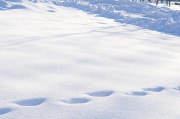 Obraz premium Natural background. Footprints in the snow on a bright frosty day