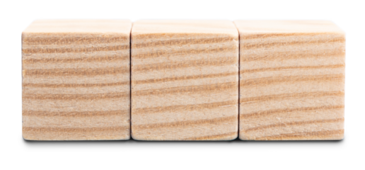 Group of three Blank wooden cube blocks isolated. Template mock up