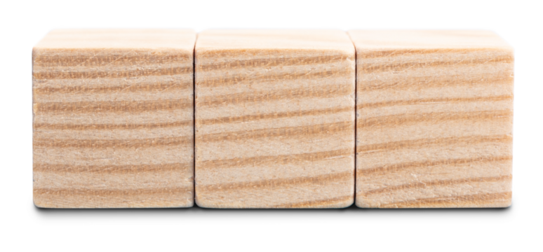 Group of three Blank wooden cube blocks isolated. Template mock up