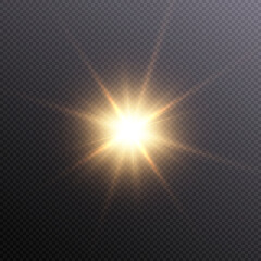 The effect of bright sunlight. Twinkling gold star on a transparent background.Bright light effect. - obrazy, fototapety, plakaty