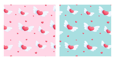 Cute colorful heart with wings seamless pattern. Background for holiday design.
