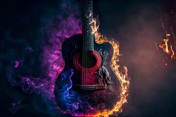Music concept. Acoustic guitar smoke epic rock guitar. Generative AI