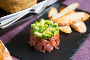 Tuna tartar with avocado and soja sauce.