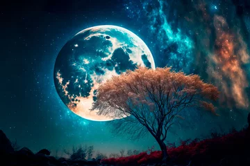 Plaid mouton avec motif Pleine Lune arbre Night sky with a huge moon, a beautiful digital image. Generative AI