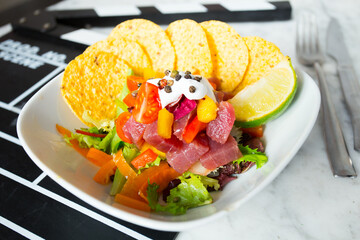 Tuna tartar with avocado and soja sauce.