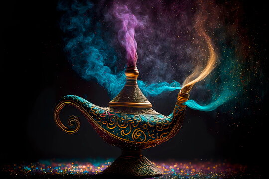 Magical mysterious aladdin lamp. Wallpaper . Generative AI