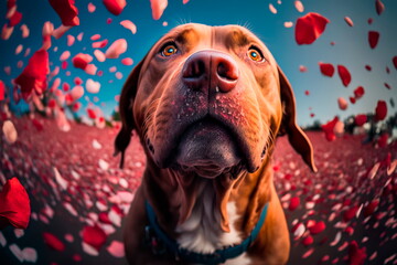 Charming red-haired  dog  red flower petals as background , in love on valentines day. Generative AI