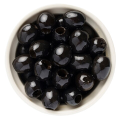 Delicious black olives in bowl isolated on white background, top view