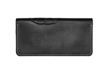 Big black leather wallet on a button on a white background, owl print. Top view