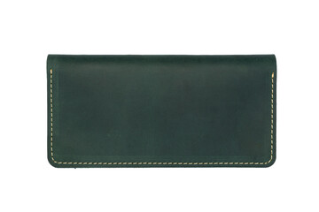 Big green leather wallet on a button on a white background. Top view
