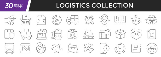 Fototapeta na wymiar Logistics linear icons set. Collection of 30 icons in black