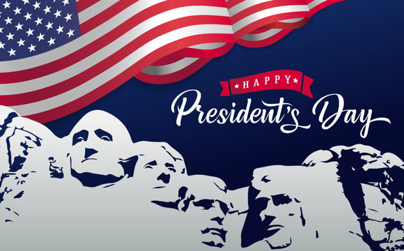 Happy Presidents Day card with flag and  Mount Rushmore. President's Day typography design for poster or banner. Vector illustration
