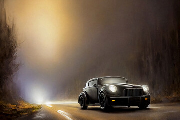 Fototapeta na wymiar A black car is driving on the road at night, fog, dark background.