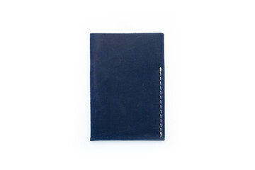 Blue leather wallet on a button on a white background. Card holder. Top view