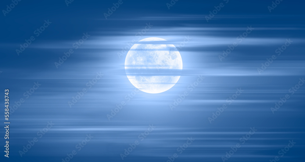 Poster night sky with full bright moon in the clouds 