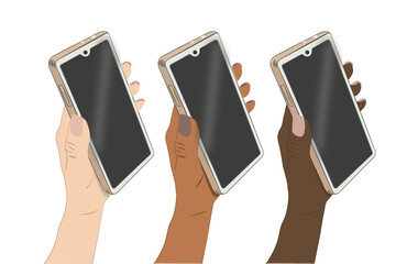 Female hand holding black cellphone with empty screen on white