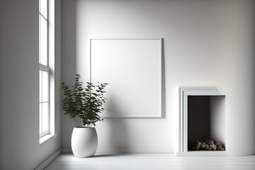 Obraz premium Interior is white and empty, with a fireplace, but no walls. mock up for an illustration. Generative AI