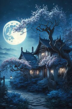 Chinese House Night Moon Scenery 4K Wallpaper iPhone HD Phone #8381m