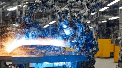 Generative AI robot welding factory with spark of welding