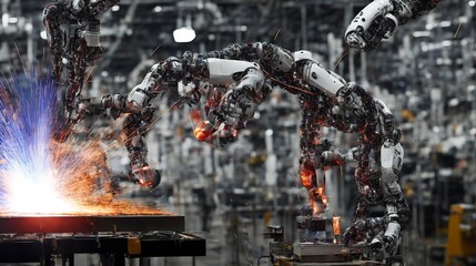 Generative AI robot welding factory with spark of welding