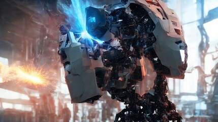 Naklejka premium Generative AI robot welding factory with spark of welding