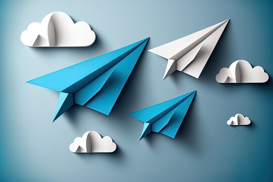 Three blue paper airplanes with clouds in a smooth, simple cartoon style. innovative leadership idea in vision. illustration. Generative AI