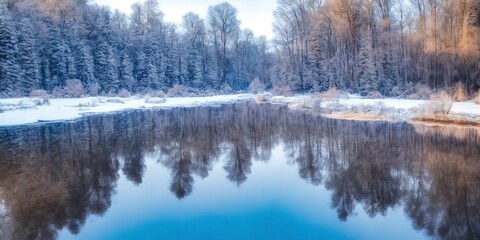 Naklejka na ściany i meble Generative AI landscape Frozen River With Reflection In Water