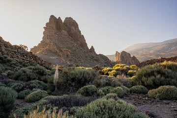 Fototapeta na wymiar Los Roques de Garcia in Tenerife, National park Teide, Spain. Brown rocks, volcanic landscape during the sunset. Rocks and bushes at sunset. Sunset sky. Los Roques de Garcia trek during the sunset.