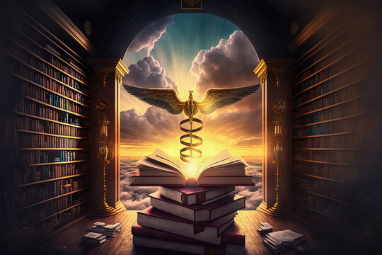 A doctor's caduceus bathed in a cloudy sky illuminated by strong sunlight in a university library. An image that inspires strength and fantasy, enhanced by its optical quality.