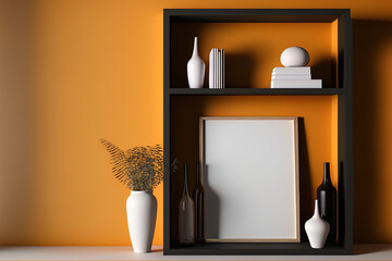 Mock shelf in contemporary empty room with dark orange wall. Generative AI