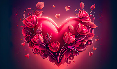 heart with flowers and leaves on red background