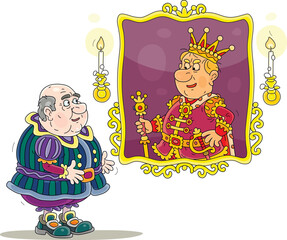 Fat bald-headed government prime minister consulting with a portrait of an angry king in a golden frame about important state affairs, vector cartoon illustration isolated on a white background