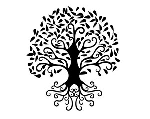 Black and white Tree with spiral roots and branches and leaves isolated on white background - vector illustration